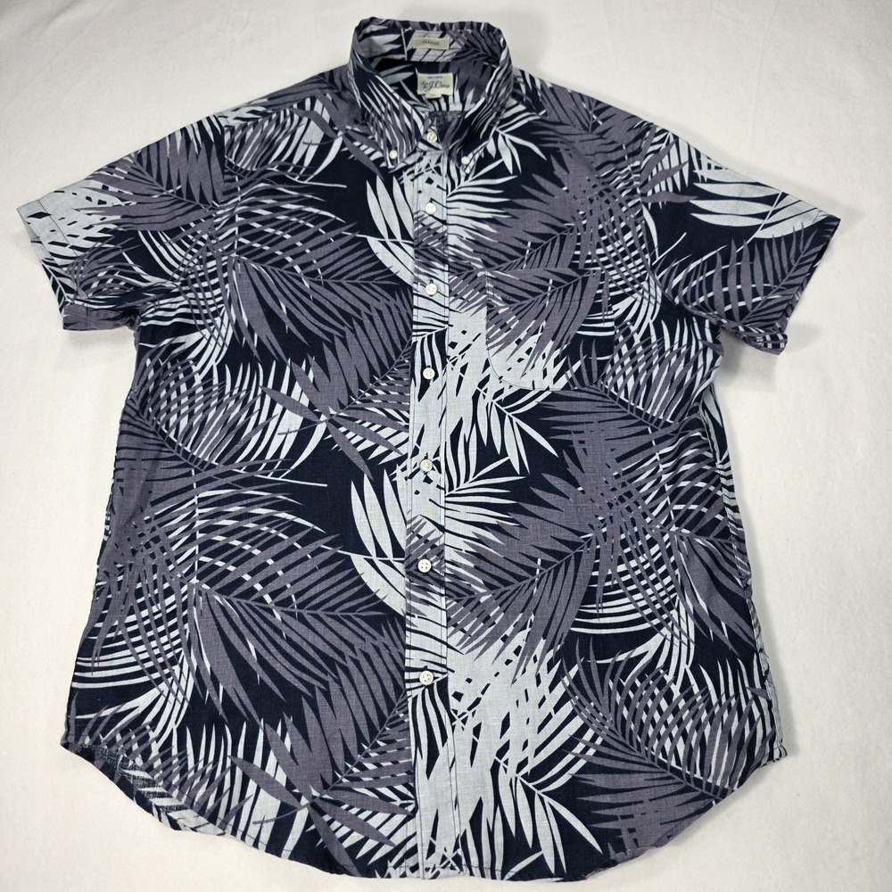 J Crew 100% Linen Shirt Mens Large Button Down Slim Fit Blue Palms Short Sleeve